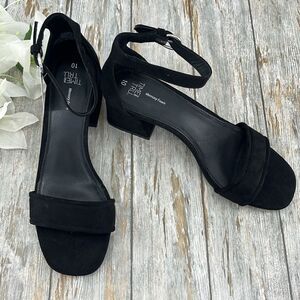 Women’s Black Open Toe Faux Suede Block Heel Sandals Shoes Size 10